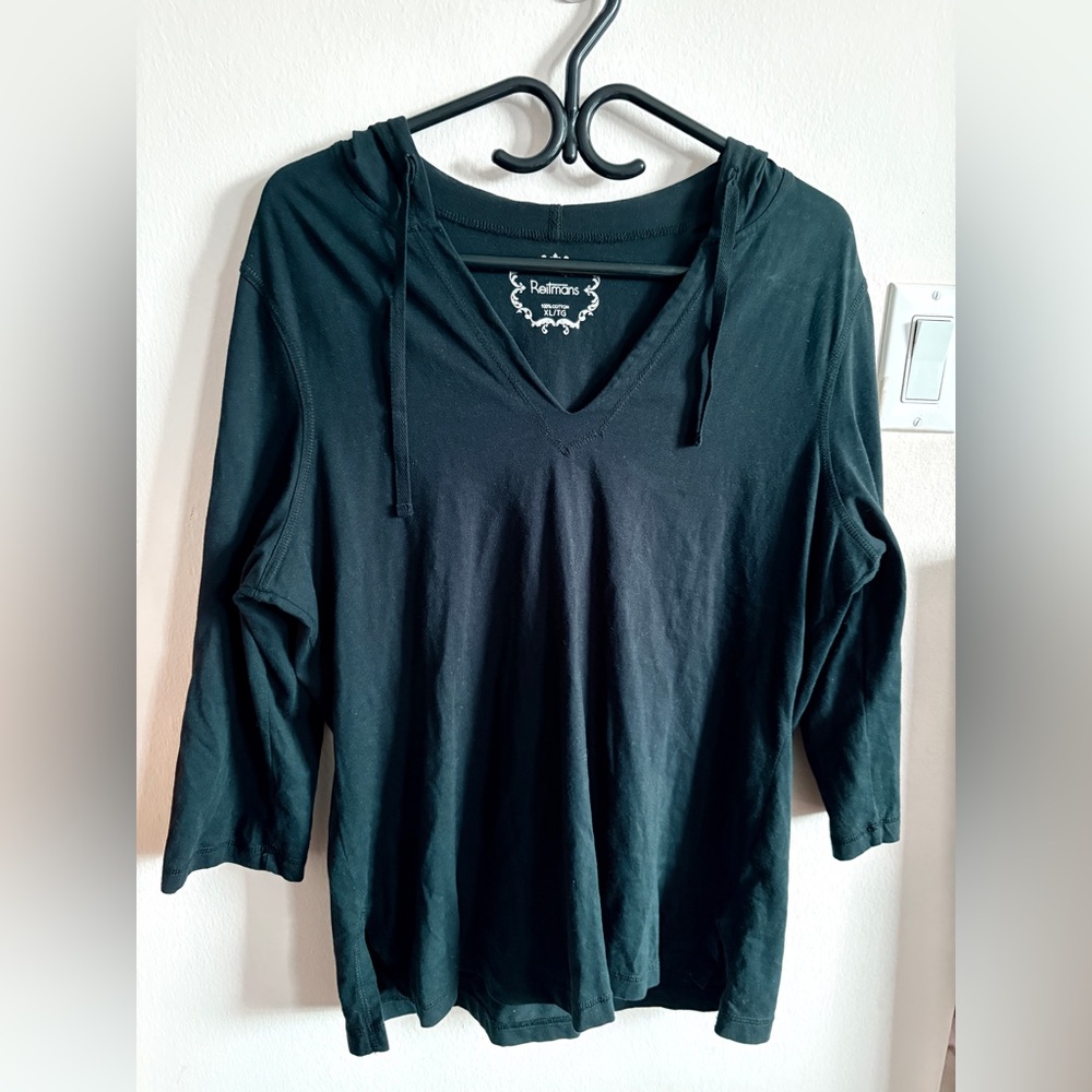 REITMANS - Black Hooded Top - 100% Cotton - Size XL - 3/4 sleeves - New!